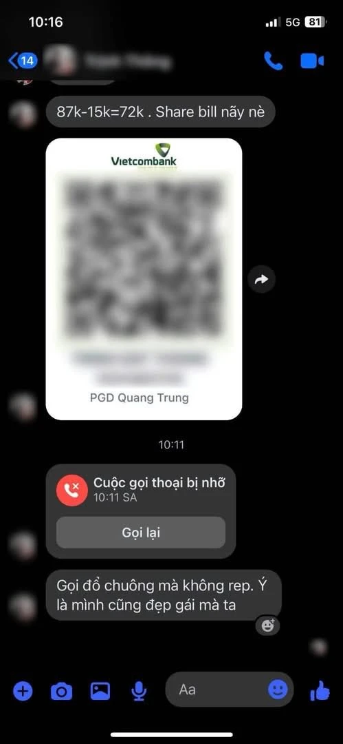 Hẹn hò xong gửi QR đòi 72.000 đồng lúc 1h sáng, cô gái bị truy đến tận Facebook: Cái kết gây tranh cãi Hẹn hò xong gửi QR đòi 72.000 đồng lúc 1h sáng, cô gái bị truy đến tận Facebook: Cái kết gây tranh cãi