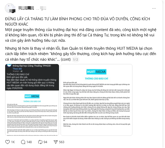 Kênh truyền thông một trường đại học tại TP.HCM bị mắng vì “trò đùa Cá tháng Tư vô duyên”: Lời xin lỗi lại chọc tức thêm? Kênh truyền thông một trường đại học tại TP.HCM bị mắng vì “trò đùa Cá tháng Tư vô duyên”: Lời xin lỗi lại chọc tức thêm?