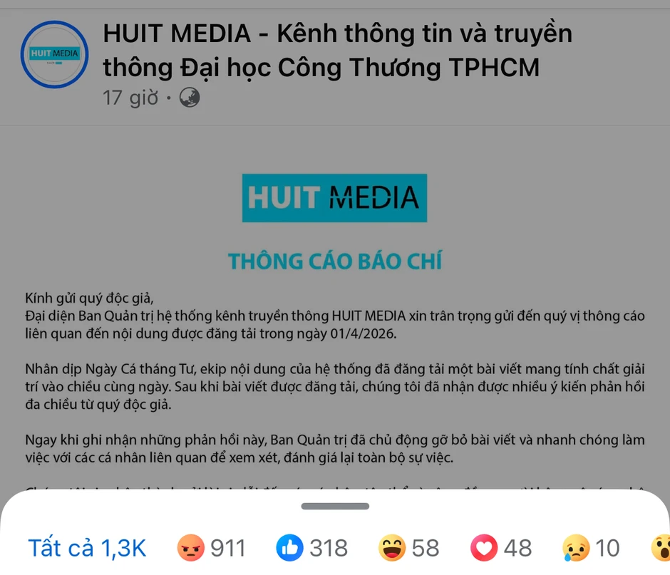 Kênh truyền thông một trường đại học tại TP.HCM bị mắng vì “trò đùa Cá tháng Tư vô duyên”: Lời xin lỗi lại chọc tức thêm? Kênh truyền thông một trường đại học tại TP.HCM bị mắng vì “trò đùa Cá tháng Tư vô duyên”: Lời xin lỗi lại chọc tức thêm?