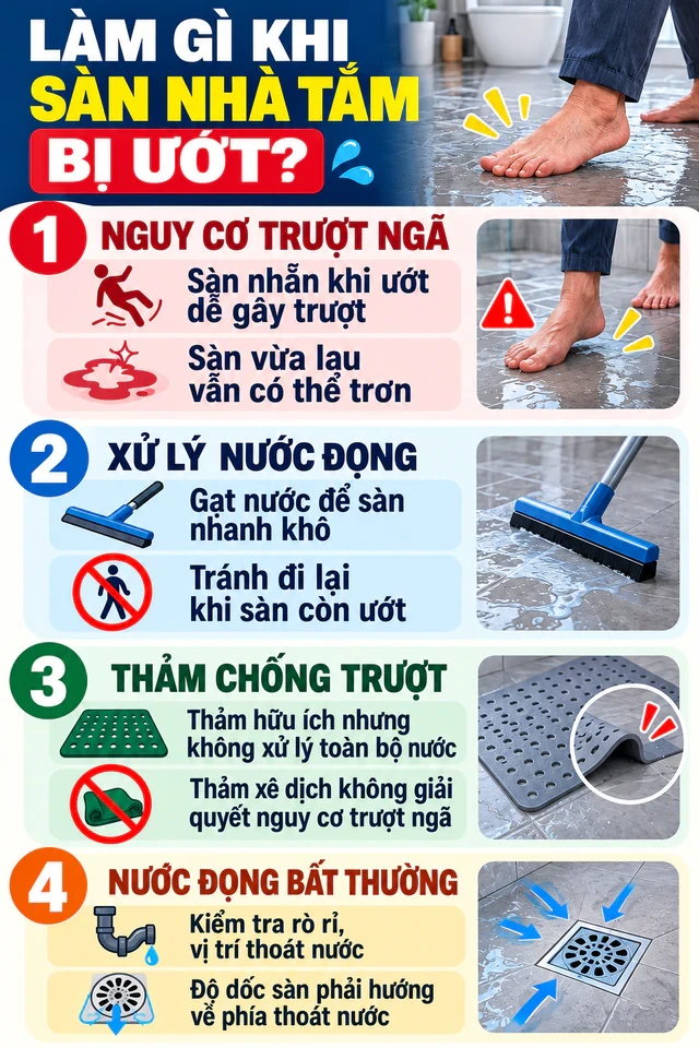 Làm gì khi sàn nhà tắm bị ướt? Làm gì khi sàn nhà tắm bị ướt?