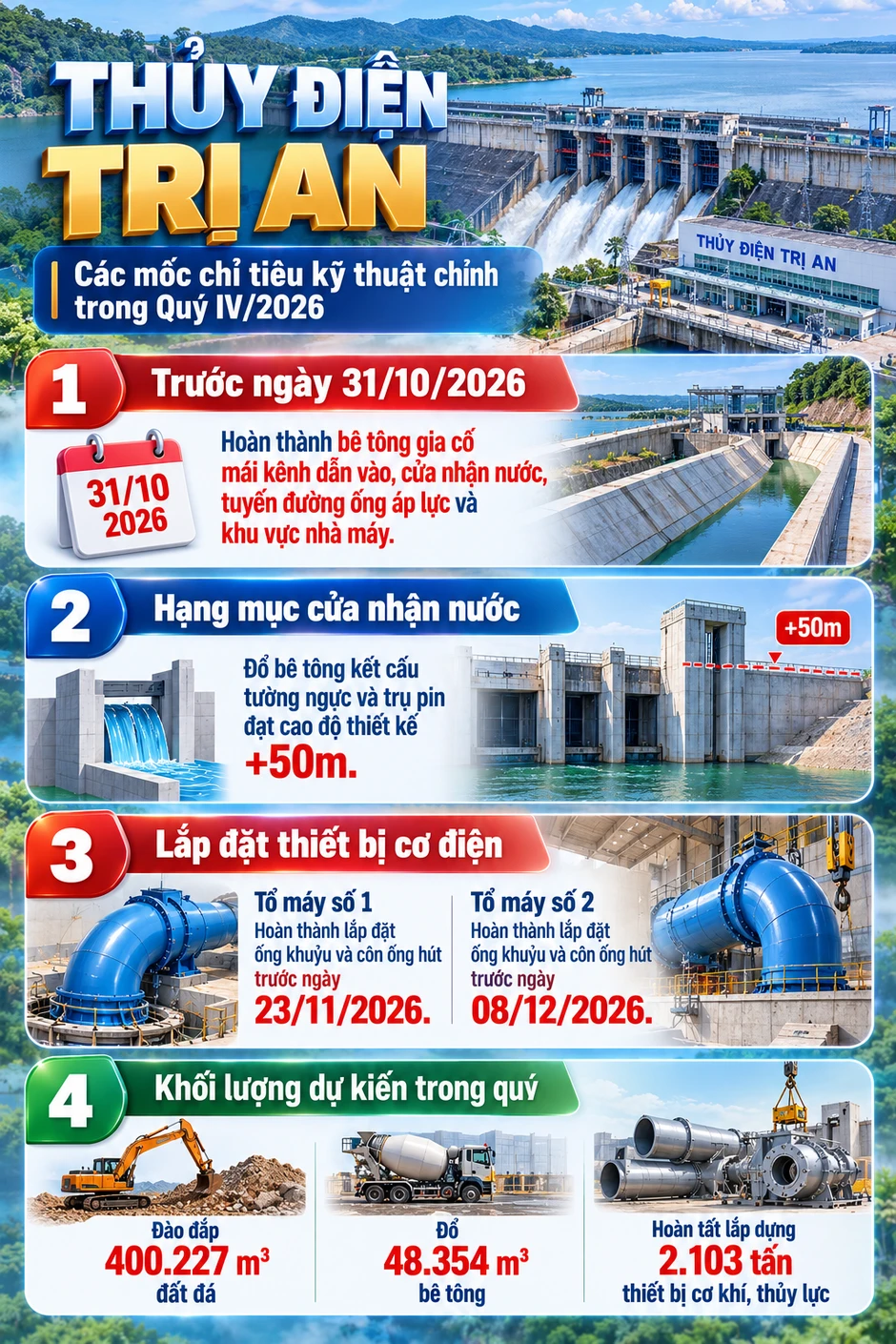 'Lên đời' đại công trình của Việt Nam: Đào 400.227 m3 đất đá, đổ 48.354 m3 bê tông, lắp đặt 2.103 tấn thiết bị