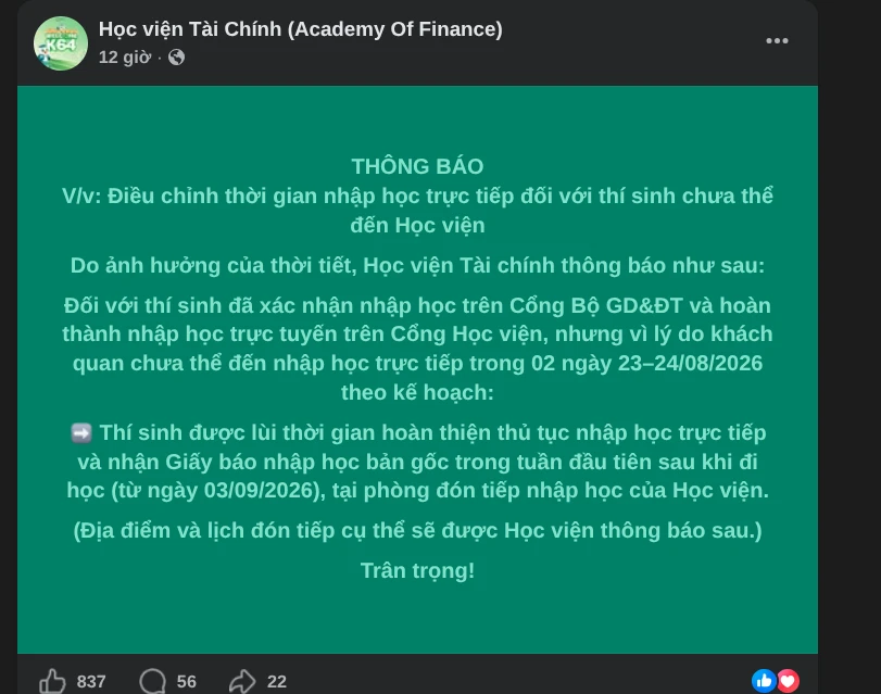 Mưa bão liên tục, 1 học viện ra thông báo nóng: Các em 2k8 cập nhật ngay Mưa bão liên tục, 1 học viện ra thông báo nóng: Các em 2k8 cập nhật ngay