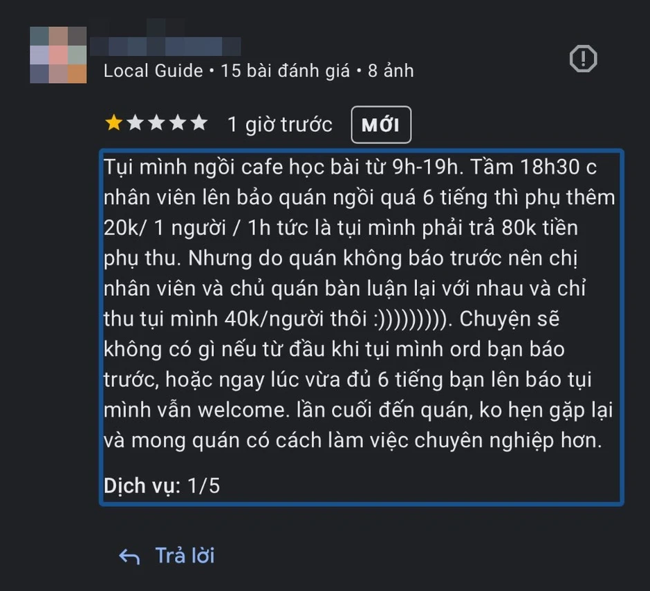 Ngồi cà phê 10 tiếng, bị phụ thu 40k/ người, nhóm khách đánh giá quán 1 sao: "Ai bảo không có quy định rõ ràng về ngồi lâu" Ngồi cà phê 10 tiếng, bị phụ thu 40k/ người, nhóm khách đánh giá quán 1 sao: "Ai bảo không có quy định rõ ràng về ngồi lâu"