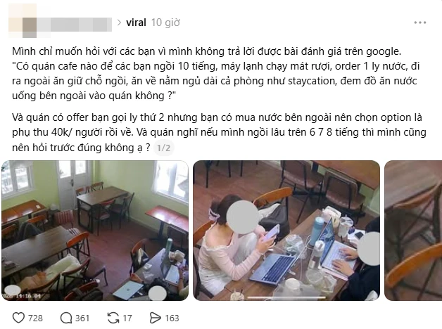 Ngồi cà phê 10 tiếng, bị phụ thu 40k/ người, nhóm khách đánh giá quán 1 sao: "Ai bảo không có quy định rõ ràng về ngồi lâu" Ngồi cà phê 10 tiếng, bị phụ thu 40k/ người, nhóm khách đánh giá quán 1 sao: "Ai bảo không có quy định rõ ràng về ngồi lâu"