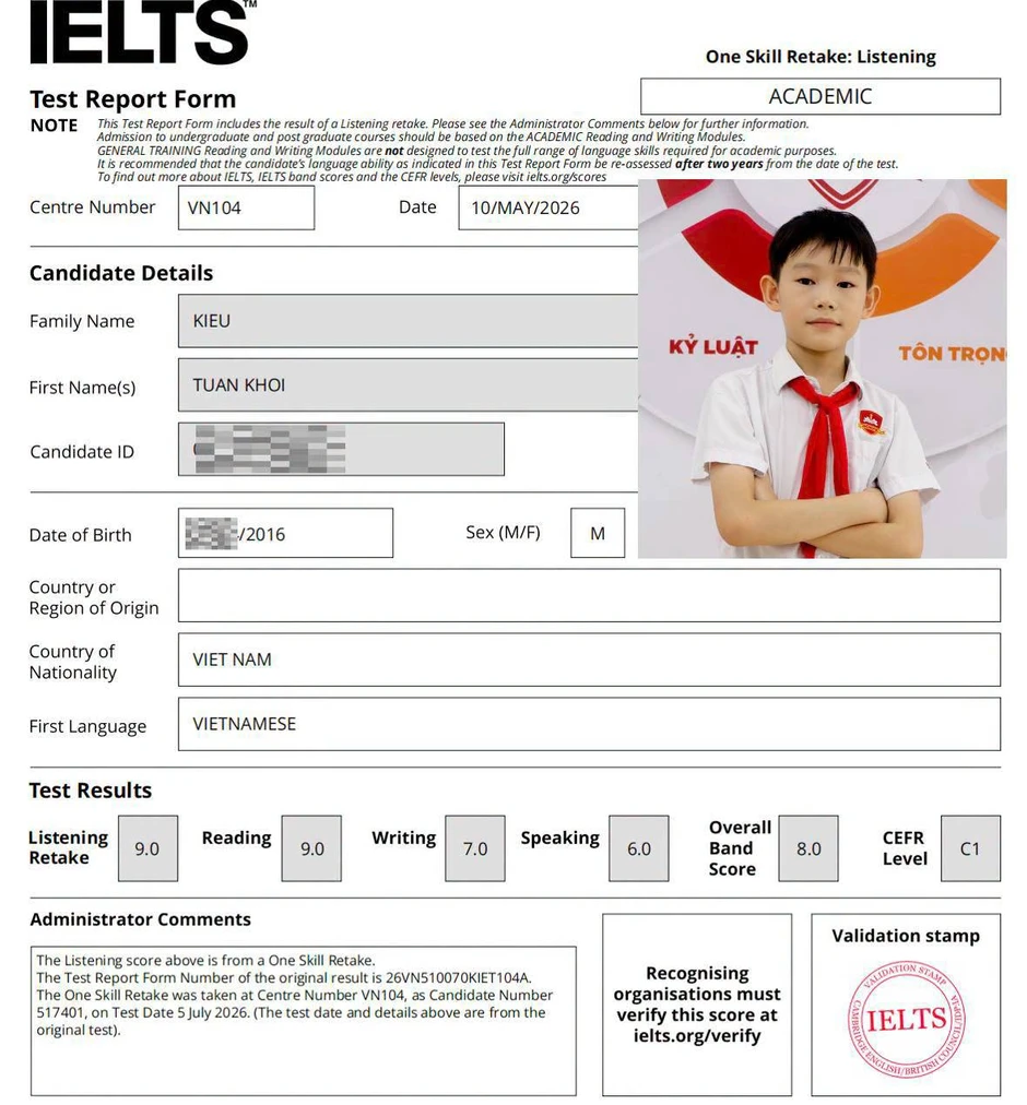 Phân tích 3 trường hợp lớp 4, lớp 5, lớp 6 đạt IELTS 8.0, ông bố Hà Tĩnh kết luận: Không chỉ con mình mà các học sinh nhỏ tuổi đạt IELTS cao đều học qua lộ trình này Phân tích 3 trường hợp lớp 4, lớp 5, lớp 6 đạt IELTS 8.0, ông bố Hà Tĩnh kết luận: Không chỉ con mình mà các học sinh nhỏ tuổi đạt IELTS cao đều học qua lộ trình này