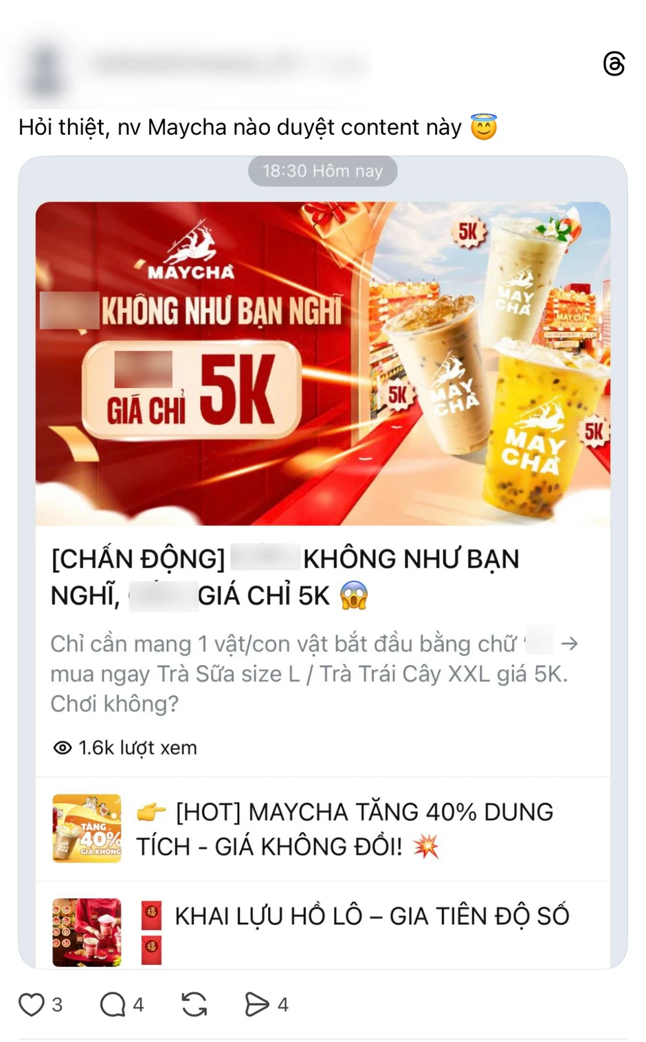 Quảng cáo trà sữa trên Zalo nhưng chơi chữ phản cảm, MayCha nói gì? Quảng cáo trà sữa trên Zalo nhưng chơi chữ phản cảm, MayCha nói gì?