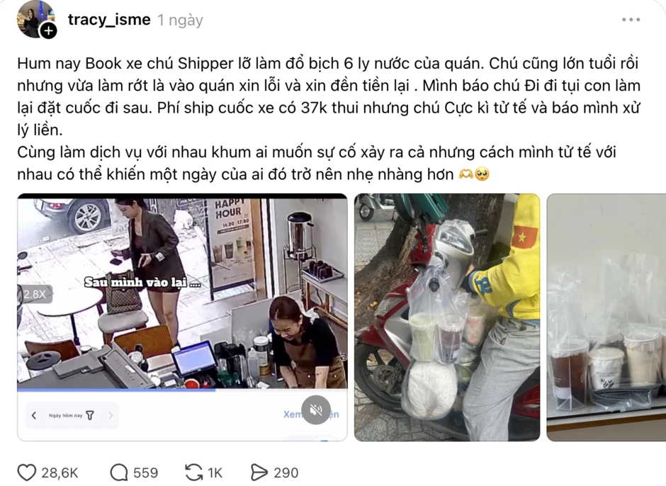 Shipper làm đổ 6 ly nước và xin đền tiền, video ghi lại cách chủ quán xử lý tình huống lan truyền chóng mặt