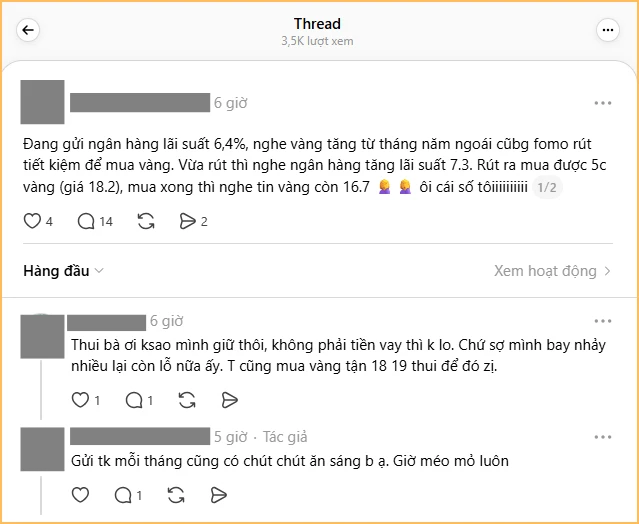 Tâm trạng người rút tiết kiệm đi mua vàng: Vừa rút tiền xong thì lãi suất tăng, cầm 5 chỉ vàng chưa nóng tay đã lỗ 7 triệu rưỡi Tâm trạng người rút tiết kiệm đi mua vàng: Vừa rút tiền xong thì lãi suất tăng, cầm 5 chỉ vàng chưa nóng tay đã lỗ 7 triệu rưỡi