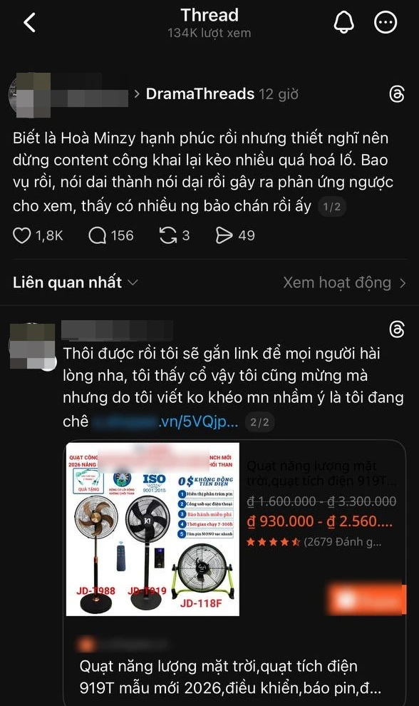 Tạo tranh cãi "Hoà Minzy có quá lố khi khoe hạnh phúc" rồi... gắn link bán quạt máy: Bức xúc vì cách làm affiliate "vô tội vạ" trên Threads Tạo tranh cãi "Hoà Minzy có quá lố khi khoe hạnh phúc" rồi... gắn link bán quạt máy: Bức xúc vì cách làm affiliate "vô tội vạ" trên Threads