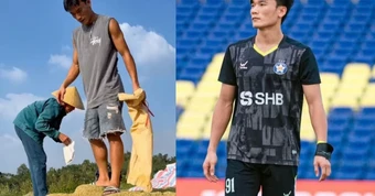 Thủ môn Bùi Tiến Dũng về quê phơi lúa cho mẹ
