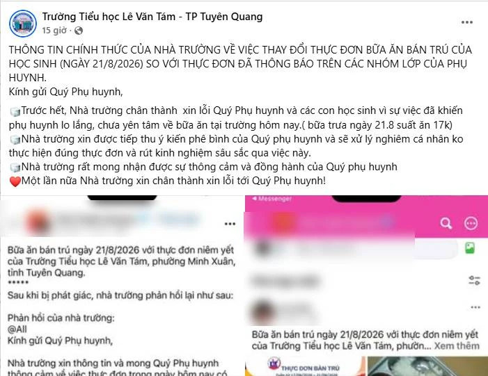Thực đơn công khai và bữa cơm bán trú thực tế khác hẳn nhau, một trường Tiểu học phải lên bài xin lỗi phụ huynh Thực đơn công khai và bữa cơm bán trú thực tế khác hẳn nhau, một trường Tiểu học phải lên bài xin lỗi phụ huynh