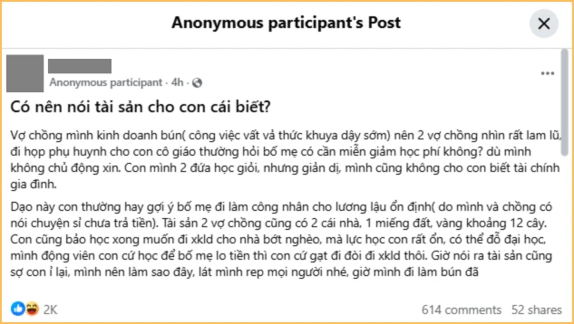 Viral bài đăng bố mẹ có 12 cây vàng, 2 căn nhà, 1 mảnh đất nhưng giấu con: Kết cục con đòi đi lao động xuất khẩu vì “nhà nghèo” Viral bài đăng bố mẹ có 12 cây vàng, 2 căn nhà, 1 mảnh đất nhưng giấu con: Kết cục con đòi đi lao động xuất khẩu vì “nhà nghèo”