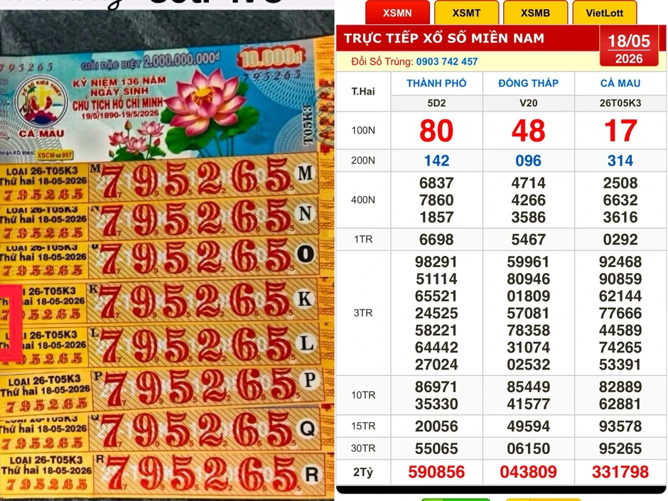 Xổ số miền Nam ngày 18 tháng 5: Vé trúng đài Cà Mau lộ diện sớm Xổ số miền Nam ngày 18 tháng 5: Vé trúng đài Cà Mau lộ diện sớm