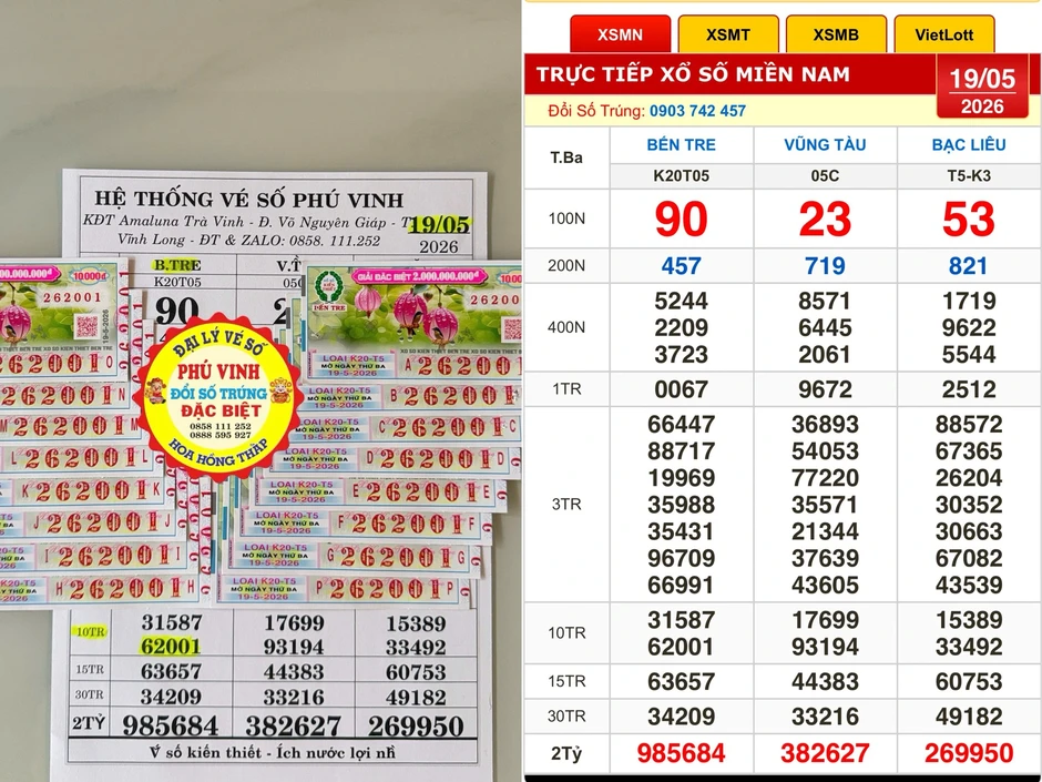 Xổ số miền Nam ngày 19 tháng 5: Khách trúng đài Bến Tre lãnh tiền ngay Xổ số miền Nam ngày 19 tháng 5: Khách trúng đài Bến Tre lãnh tiền ngay