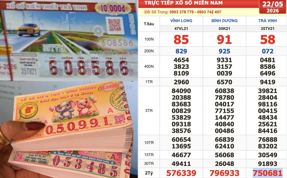 Xổ số miền Nam ngày 22 tháng 5: Người mua vé dãy số đẹp '8586' trúng đài Trà Vinh Xổ số miền Nam ngày 22 tháng 5: Người mua vé dãy số đẹp '8586' trúng đài Trà Vinh