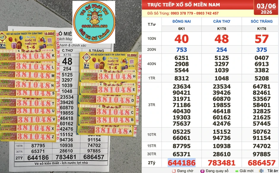 Xổ số miền Nam ngày 3 tháng 6: Một người trúng số 2 giải đài Cần Thơ Xổ số miền Nam ngày 3 tháng 6: Một người trúng số 2 giải đài Cần Thơ