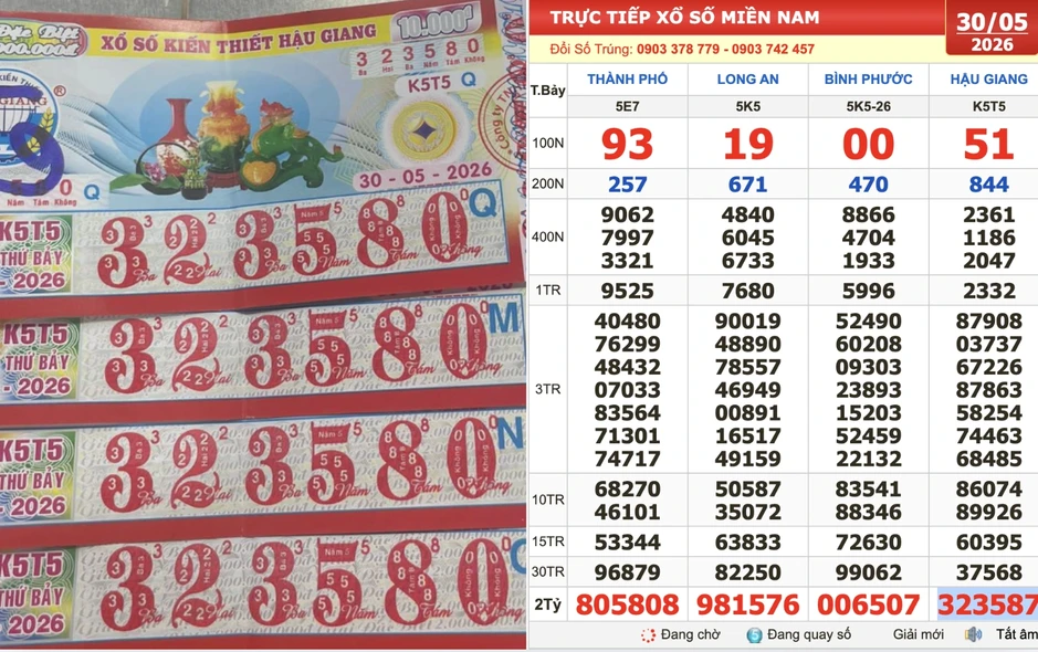 Xổ số miền Nam ngày 30 tháng 5: Khách trúng số đài Hậu Giang nhận tiền mặt Xổ số miền Nam ngày 30 tháng 5: Khách trúng số đài Hậu Giang nhận tiền mặt