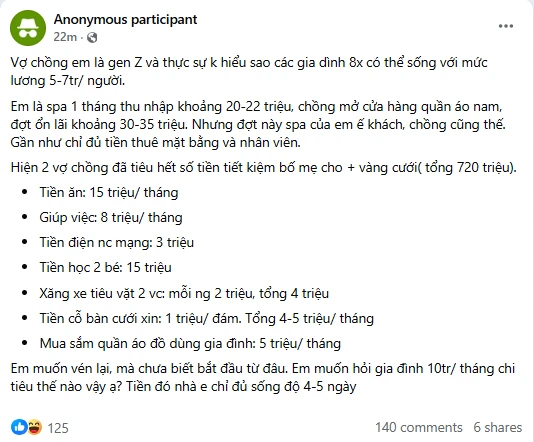 Xôn xao vợ chồng Gen Z: 10 triệu chỉ đủ sống 4-5 ngày, bán luôn vàng cưới để tiêu Xôn xao vợ chồng Gen Z: 10 triệu chỉ đủ sống 4-5 ngày, bán luôn vàng cưới để tiêu