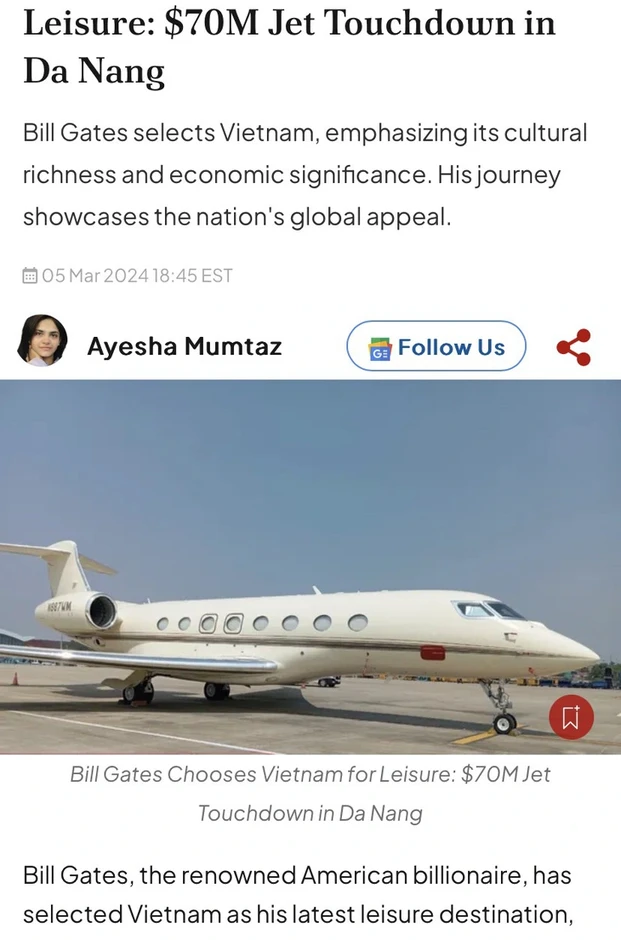 Bill Gates di chuyển đến Đà Nẵng nghỉ dưỡng trên máy bay 70 triệu USD Bill Gates di chuyển đến Đà Nẵng nghỉ dưỡng trên máy bay 70 triệu USD