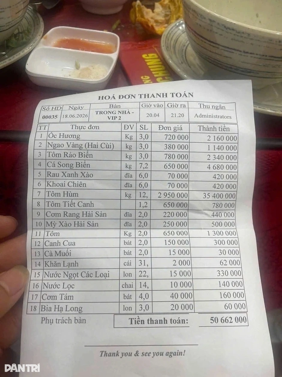 Chủ nhà hàng lên tiếng về hóa đơn 50 triệu đồng gây tranh cãi ở Quảng Ninh Chủ nhà hàng lên tiếng về hóa đơn 50 triệu đồng gây tranh cãi ở Quảng Ninh