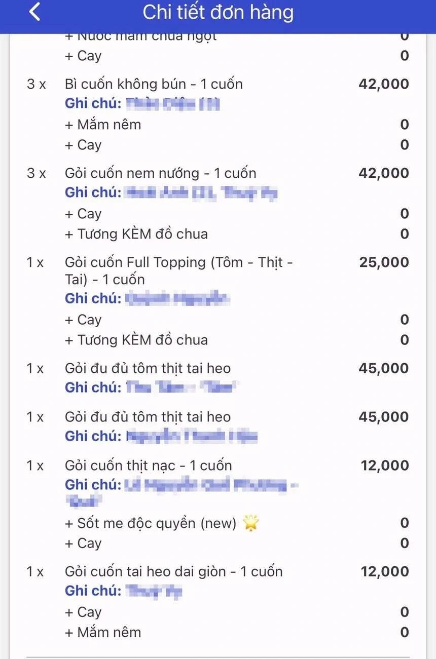 Khách ở TPHCM đặt 26 gỏi cuốn kèm ghi chú dày đặc gây tranh cãi