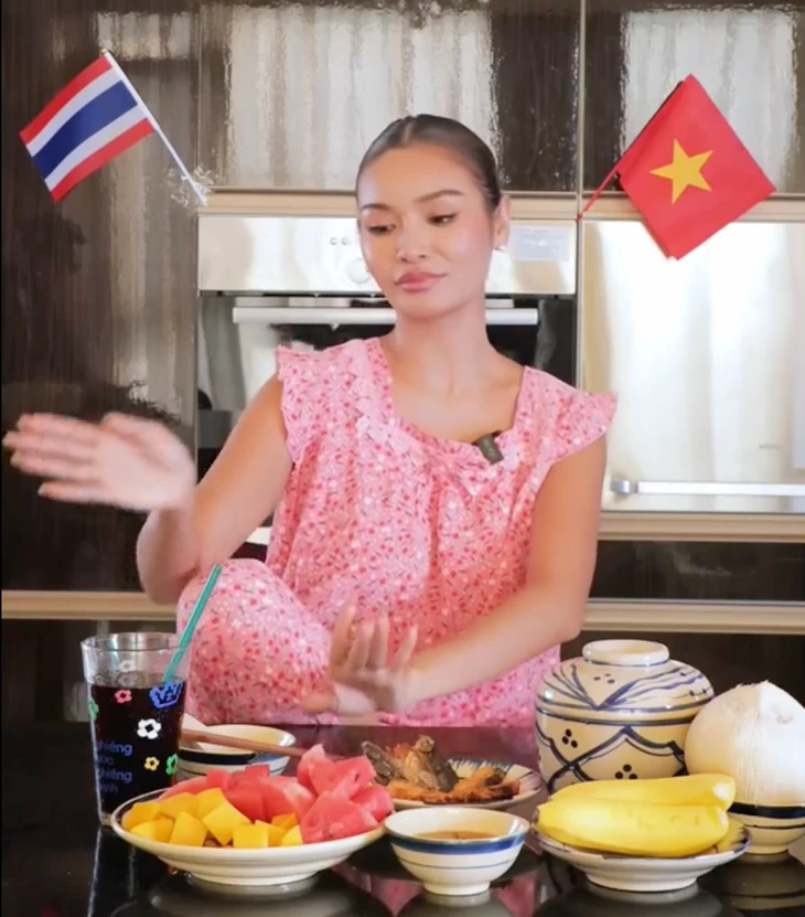 Á hậu Miss Cosmo diện đồ bộ, làm vlog ăn cơm với khô cá, dưa hấu, chan nước dừa