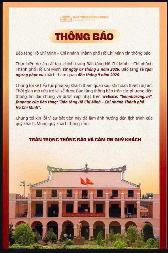 Bảo tàng Hồ Chí Minh chi nhánh TPHCM tạm ngừng mở cửa Bảo tàng Hồ Chí Minh chi nhánh TPHCM tạm ngừng mở cửa