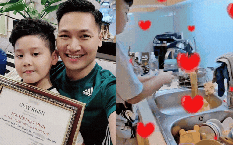 Con trai Mạnh Trường trổ tài rửa hết cả "núi" bát đĩa, bà xã nam diễn viên "thả thính": "Con dâu tương lai đã yên tâm chưa?"