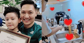 Con trai Mạnh Trường trổ tài rửa hết cả "núi" bát đĩa, bà xã nam diễn viên "thả thính": "Con dâu tương lai đã yên tâm chưa?"