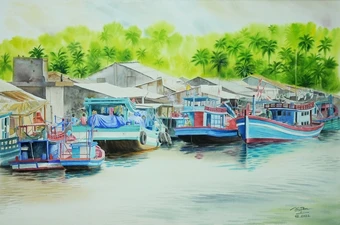 Làng quê yên bình qua tranh màu nước