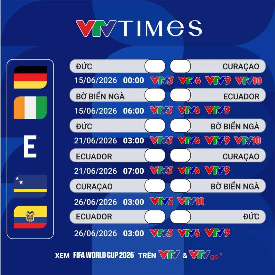Lịch thi đấu và trực tiếp bảng E FIFA World Cup 2026™: Chờ màn trình diễn của ứng viên vô địch - ĐT Đức Lịch thi đấu và trực tiếp bảng E FIFA World Cup 2026™: Chờ màn trình diễn của ứng viên vô địch - ĐT Đức