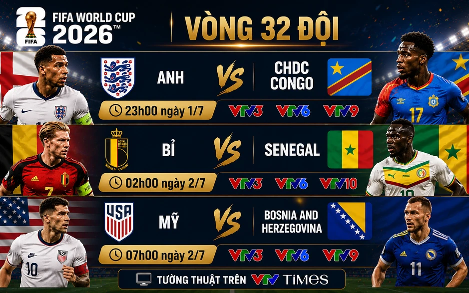 Lịch thi đấu và trực tiếp FIFA World Cup 2026™ đêm 1/7, sáng 2/7 trên VTV: Anh, Bỉ và Mỹ khẳng định sức mạnh? Lịch thi đấu và trực tiếp FIFA World Cup 2026™ đêm 1/7, sáng 2/7 trên VTV: Anh, Bỉ và Mỹ khẳng định sức mạnh?