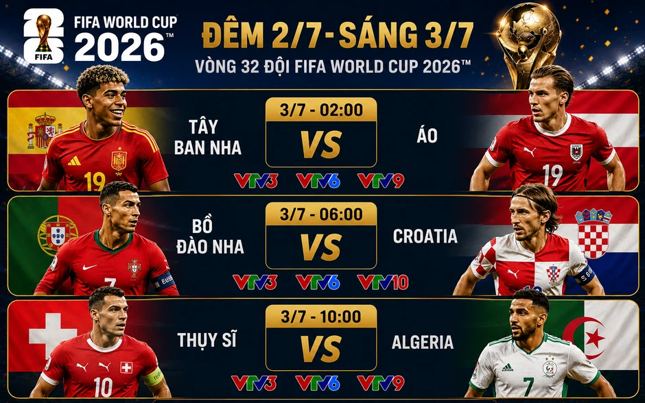 Lịch thi đấu và trực tiếp FIFA World Cup 2026™ đêm 2/7, ngày 3/7 trên VTV: Chờ Yamal, Ronaldo tỏa sáng Lịch thi đấu và trực tiếp FIFA World Cup 2026™ đêm 2/7, ngày 3/7 trên VTV: Chờ Yamal, Ronaldo tỏa sáng