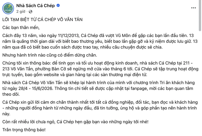 Nhà sách Cá Chép khép lại sau 13 năm hoạt động Nhà sách Cá Chép khép lại sau 13 năm hoạt động