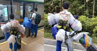 Cậu bé lớp 8 gây sốt vì vác cả 'núi hành lý' tự về quê ăn Tết