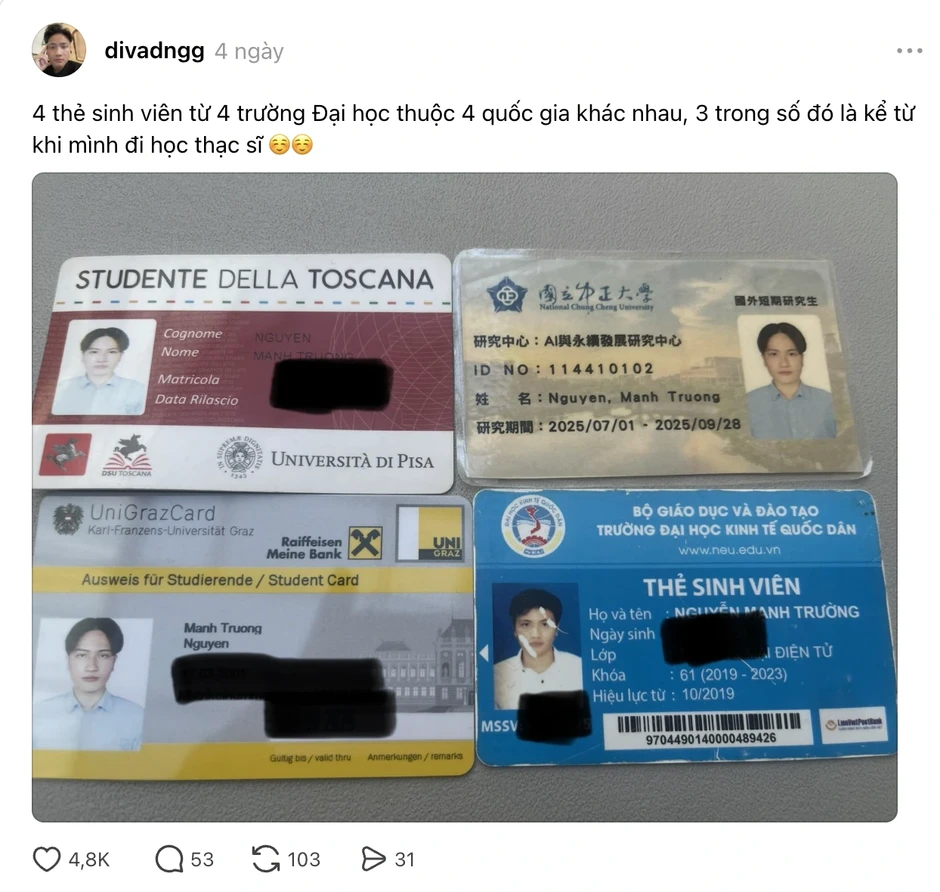 Chàng trai Việt sở hữu thẻ sinh viên của 4 trường đại học tại 4 quốc gia Chàng trai Việt sở hữu thẻ sinh viên của 4 trường đại học tại 4 quốc gia