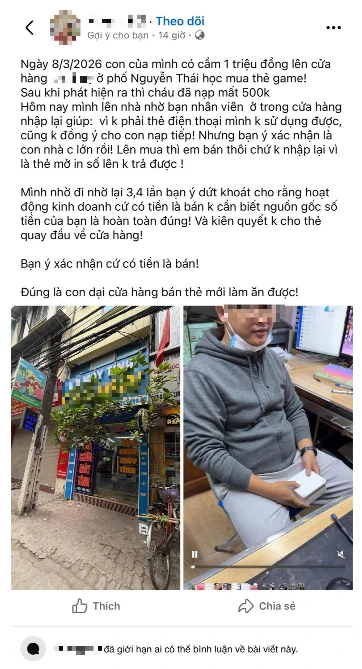 Con trai tự ý cầm 1 triệu đi mua thẻ game nạp "bay" một nửa, mẹ đến đòi trả lại thì nhận câu trả lời "xanh rờn" từ nhân viên Con trai tự ý cầm 1 triệu đi mua thẻ game nạp "bay" một nửa, mẹ đến đòi trả lại thì nhận câu trả lời "xanh rờn" từ nhân viên