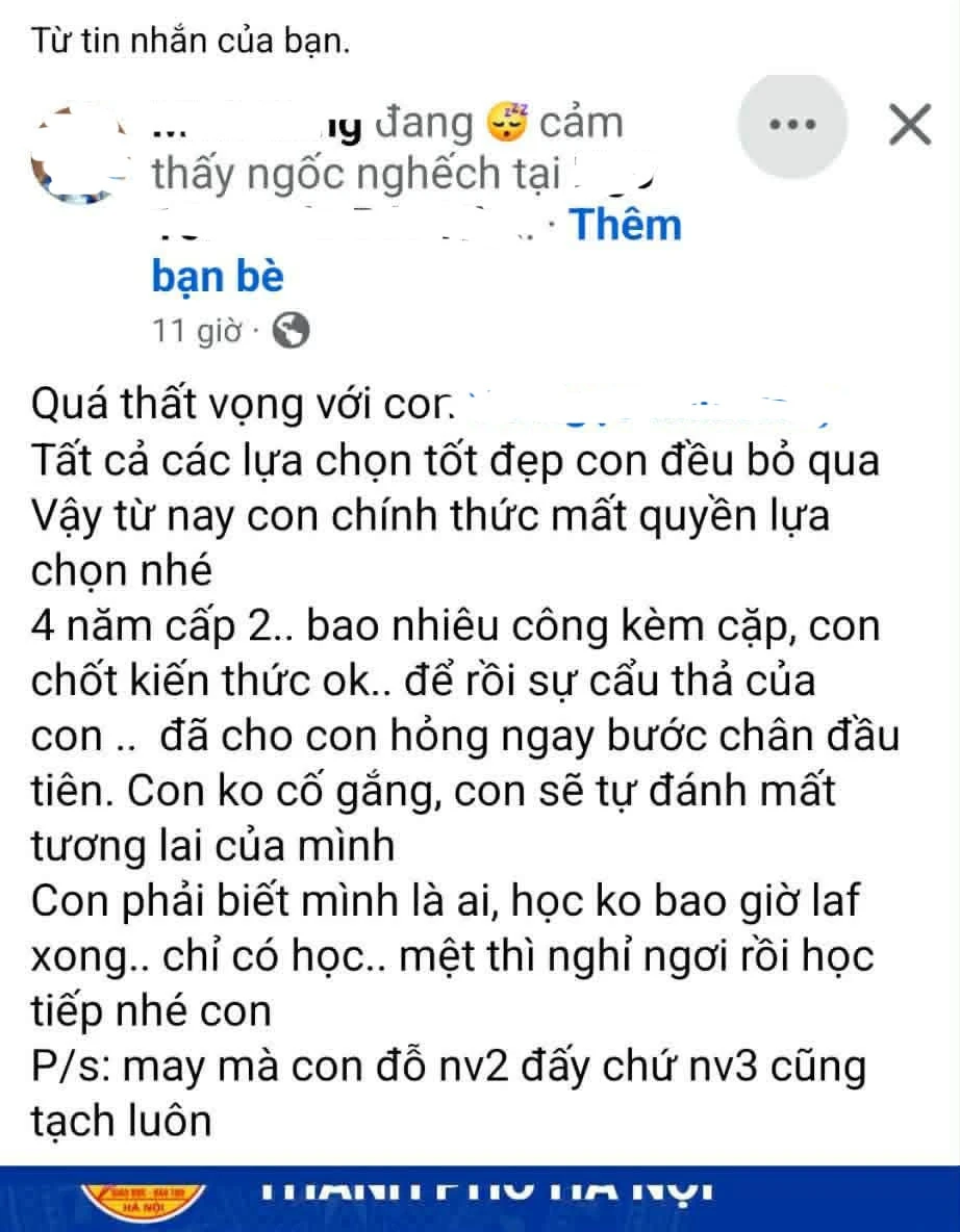 Con trượt lớp 10: Bố mẹ hãy cứ buồn, nhưng đừng để nỗi buồn chảy thẳng vào con trẻ Con trượt lớp 10: Bố mẹ hãy cứ buồn, nhưng đừng để nỗi buồn chảy thẳng vào con trẻ