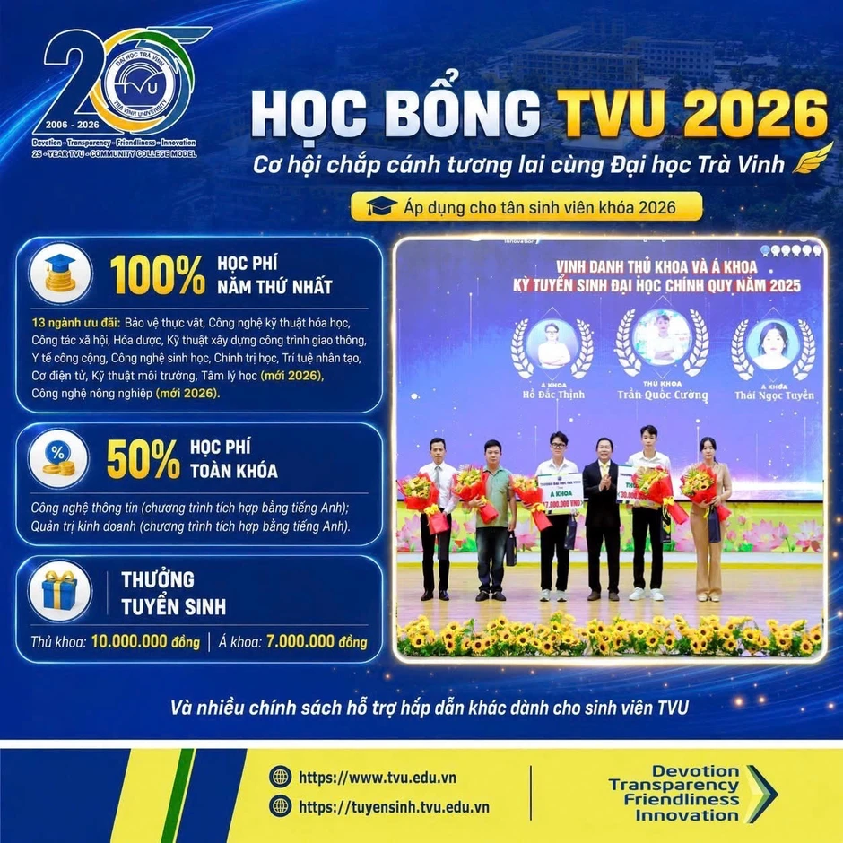 Đại học Trà Vinh miễn học phí năm nhất 13 ngành, tăng mạnh học bổng tuyển sinh Đại học Trà Vinh miễn học phí năm nhất 13 ngành, tăng mạnh học bổng tuyển sinh
