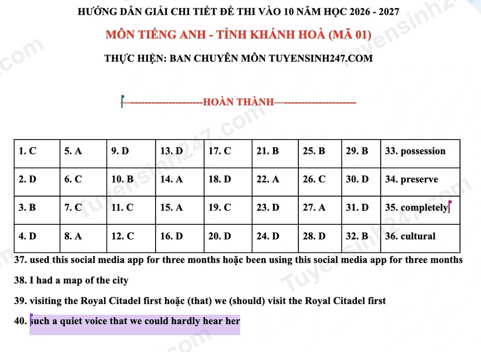 Đáp án, đề thi môn tiếng Anh lớp 10 tỉnh Khánh Hòa năm 2026 Đáp án, đề thi môn tiếng Anh lớp 10 tỉnh Khánh Hòa năm 2026