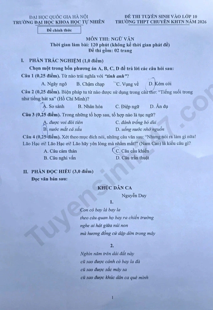Đề thi và đáp án môn văn thi lớp 10 Trường THPT chuyên Khoa học tự nhiên Đề thi và đáp án môn văn thi lớp 10 Trường THPT chuyên Khoa học tự nhiên