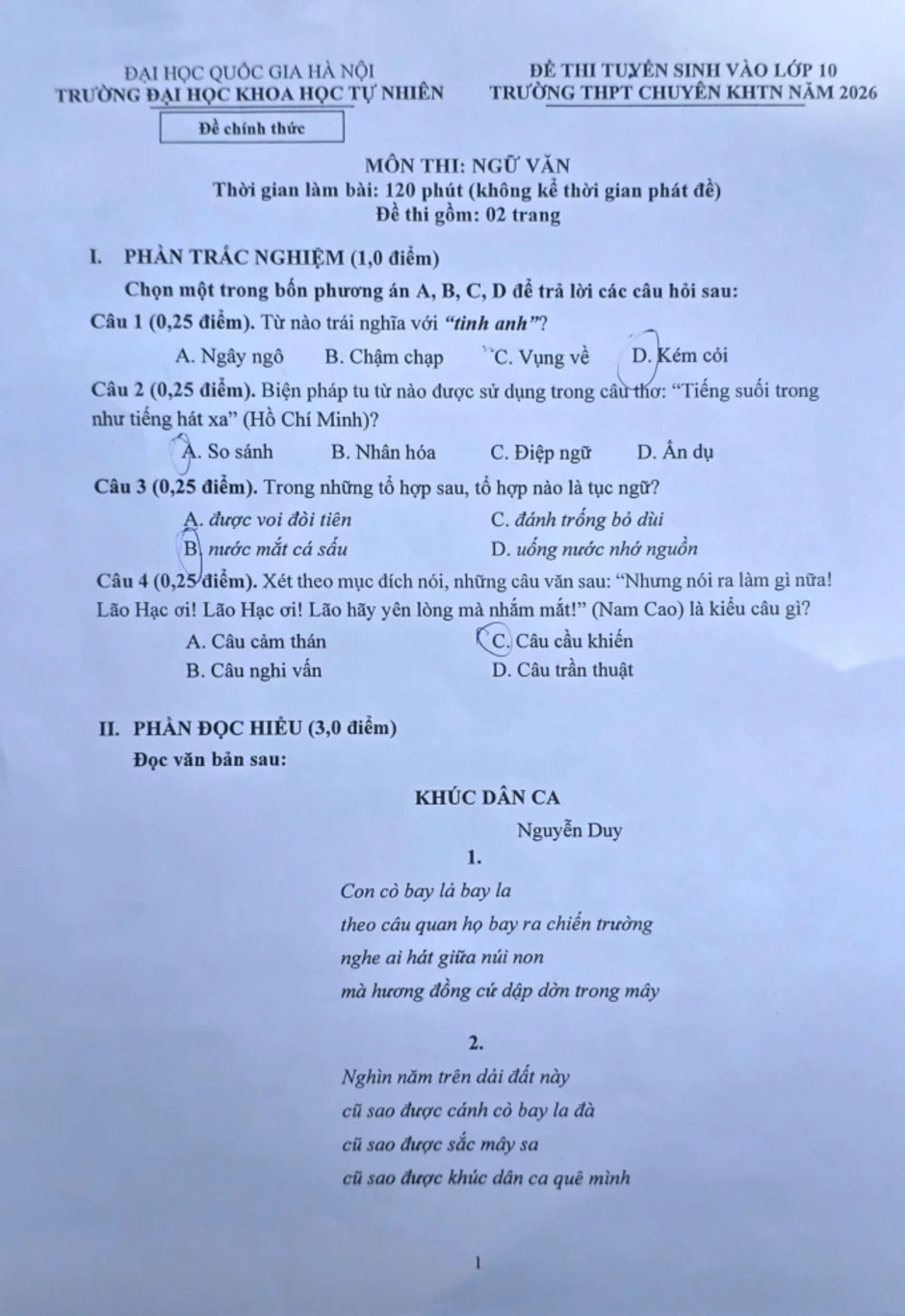 Đề thi vào lớp 10 trường chuyên Khoa học tự nhiên Đề thi vào lớp 10 trường chuyên Khoa học tự nhiên