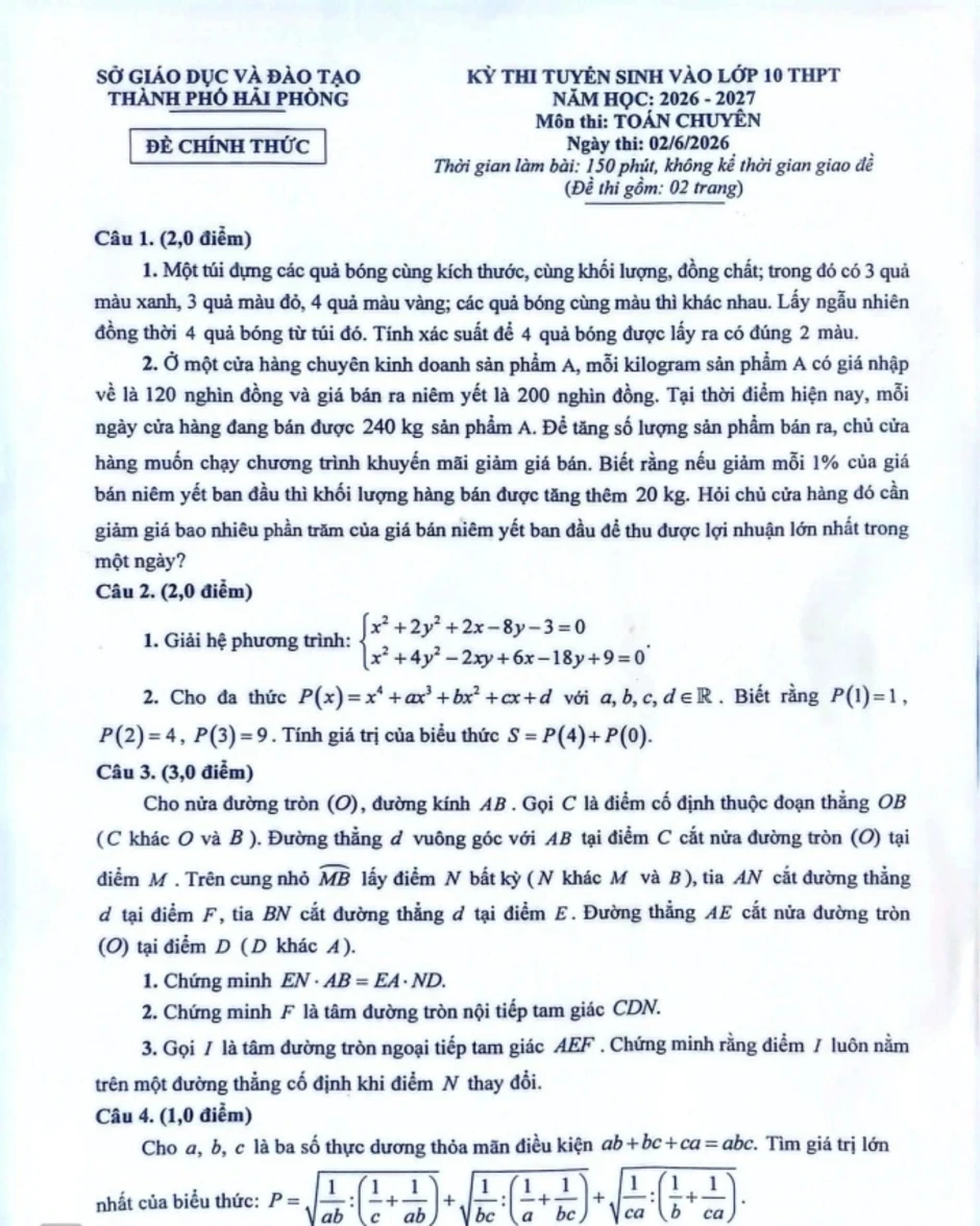 Đề và đáp án môn Toán chuyên thi lớp 10 ở Hải Phòng Đề và đáp án môn Toán chuyên thi lớp 10 ở Hải Phòng