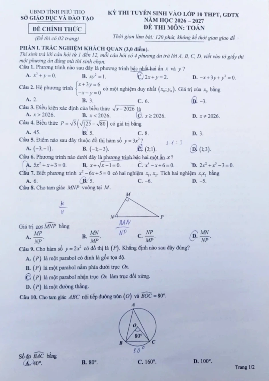 Đề và đáp án môn Toán thi lớp 10 tỉnh Phú Thọ Đề và đáp án môn Toán thi lớp 10 tỉnh Phú Thọ