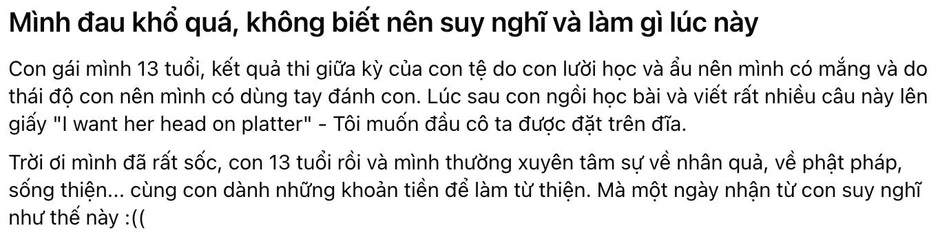 Đọc 6 chữ tiếng Anh con gái viết, bà mẹ Hà Nội sốc nặng: "Mình đau khổ quá, không biết nên suy nghĩ và làm gì lúc này" Đọc 6 chữ tiếng Anh con gái viết, bà mẹ Hà Nội sốc nặng: "Mình đau khổ quá, không biết nên suy nghĩ và làm gì lúc này"