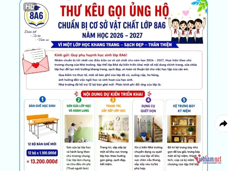 Giáo viên kêu gọi phụ huynh đóng tiền mua bàn ghế, hiệu trưởng nói sẽ trả lại Giáo viên kêu gọi phụ huynh đóng tiền mua bàn ghế, hiệu trưởng nói sẽ trả lại