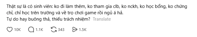 Sinh viên không đi làm thêm, không tham gia CLB, không NCKH, chỉ đi học rồi về nhà: Tự do hay buông thả, thiếu trách nhiệm? Sinh viên không đi làm thêm, không tham gia CLB, không NCKH, chỉ đi học rồi về nhà: Tự do hay buông thả, thiếu trách nhiệm?
