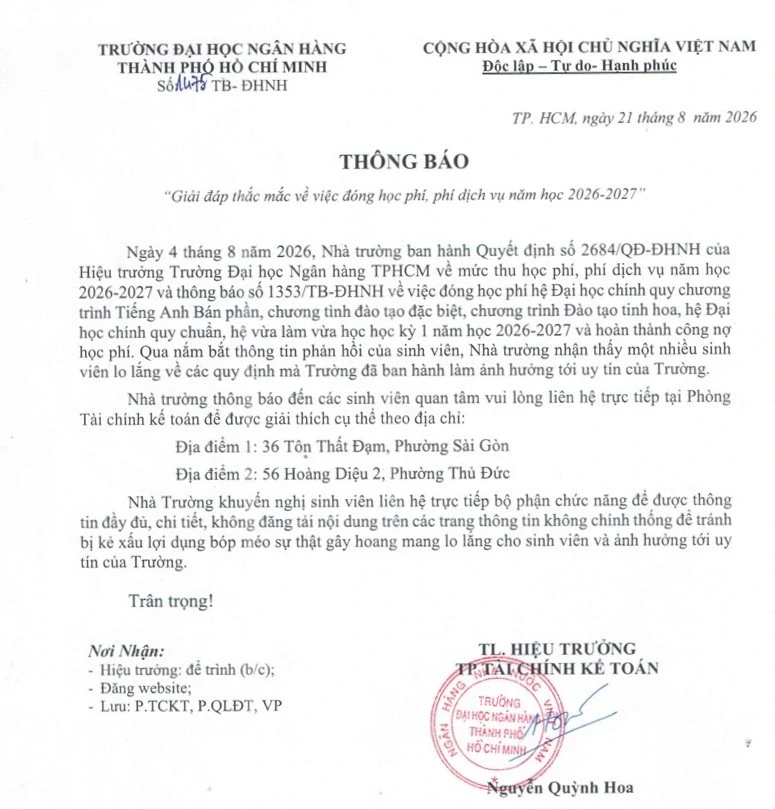 Sinh viên phản ứng khoản phạt 15 triệu: ĐH Ngân hàng TPHCM thông báo khẩn Sinh viên phản ứng khoản phạt 15 triệu: ĐH Ngân hàng TPHCM thông báo khẩn