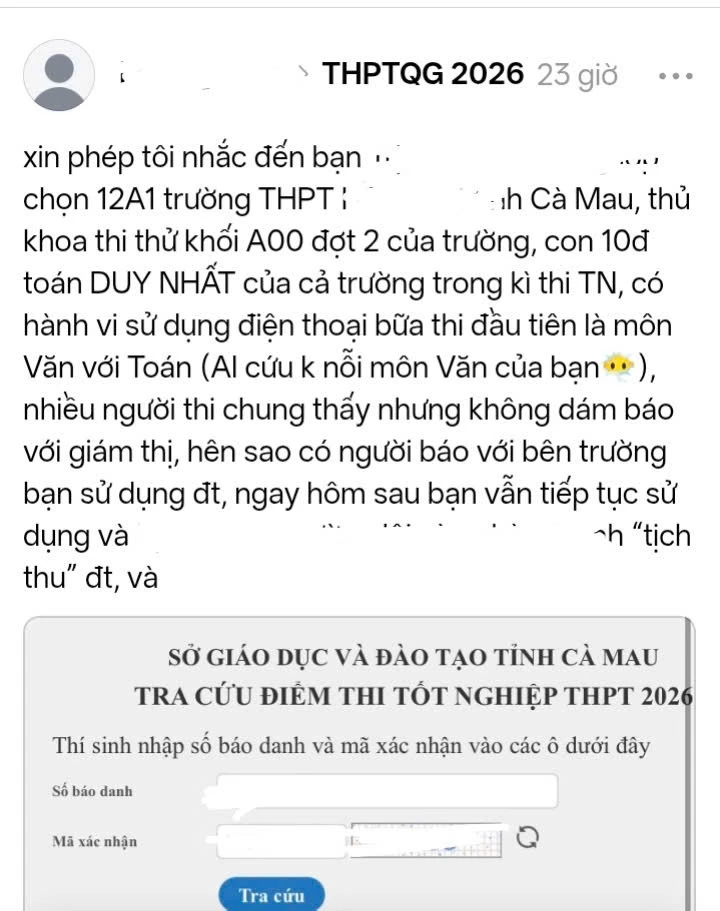 Sở GD-ĐT Cà Mau xác minh phản ánh thí sinh dùng điện thoại khi thi tốt nghiệp