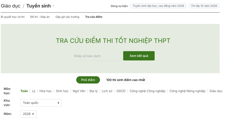 Tra cứu điểm thi tốt nghiệp THPT 2026 nhanh nhất trên Dân trí Tra cứu điểm thi tốt nghiệp THPT 2026 nhanh nhất trên Dân trí